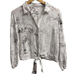 Lauren Conrad Womens Medium Blouse‎ Floral Print Crop Top Tie Front Long Sleeve